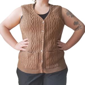 Vintage Excelsior 2X Cable Knit Cardigan Sweater Brown Tan